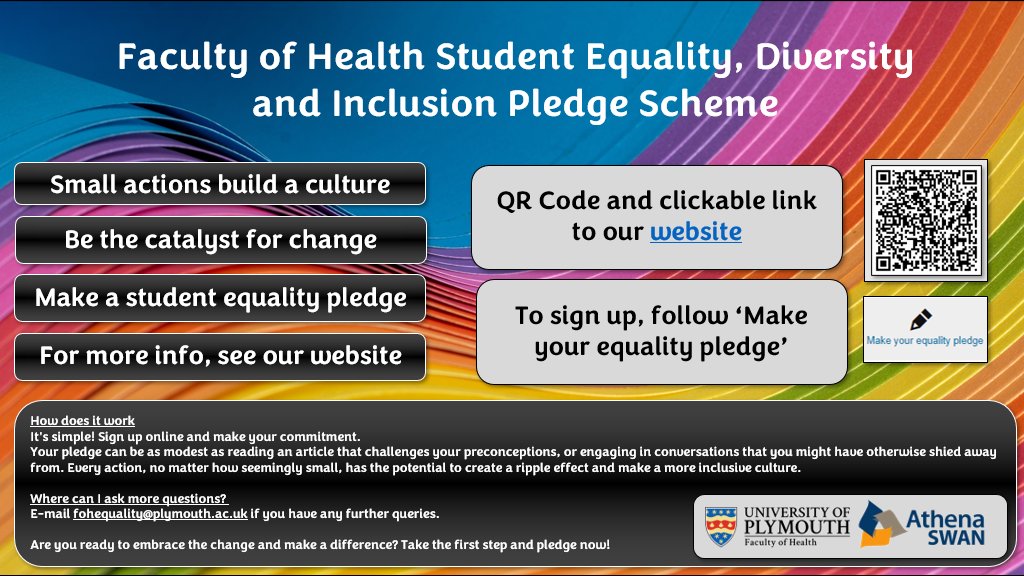 Did you know the #FacultyofHealth <a href="/PlymUniHealth/">Faculty of Health</a> has a Student Equality, Diversity and Inclusion Pledge?

The pledge scheme is an initiative that empowers you to make a meaningful impact on our campus and beyond.

Sign up here - shorturl.at/fhjyM