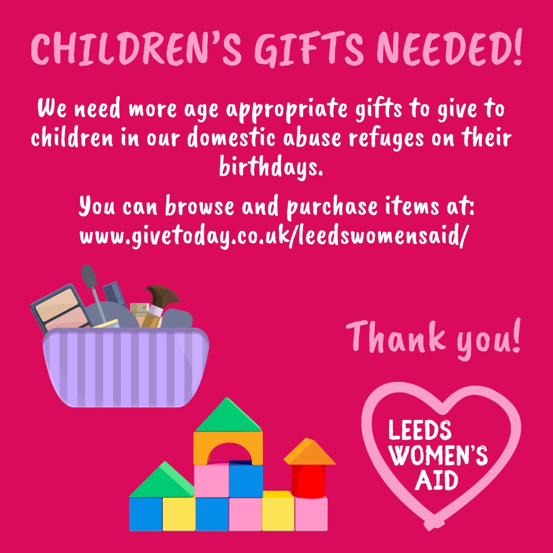 LeedsWomensAid's tweet photo. We have a shortage of age appropriate birthday gifts for children in our refuges. 📣🎁

You can shop suggested items on our Give Today page and they will be delivered directly to us: https://t.co/NgkEZTMtRf 

Thank you so much for your support. 💜 https://t.co/qDXatWFrk1
