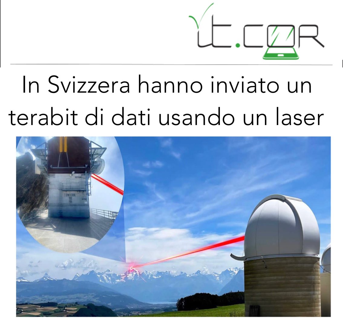 ITCOR_Srl's tweet photo. In una prova condotta tra il picco montuoso del Jungfraujoch e la città di Berna, in Svizzera, i ricercatori hanno "sparato" un terabit in un secondo attraverso l'aria. Un risultato incredibile che potrebbe rivoluzionare il mondo, mettendo fine all'era dei cavi sottomarini. https://t.co/p9uyXVFCaY