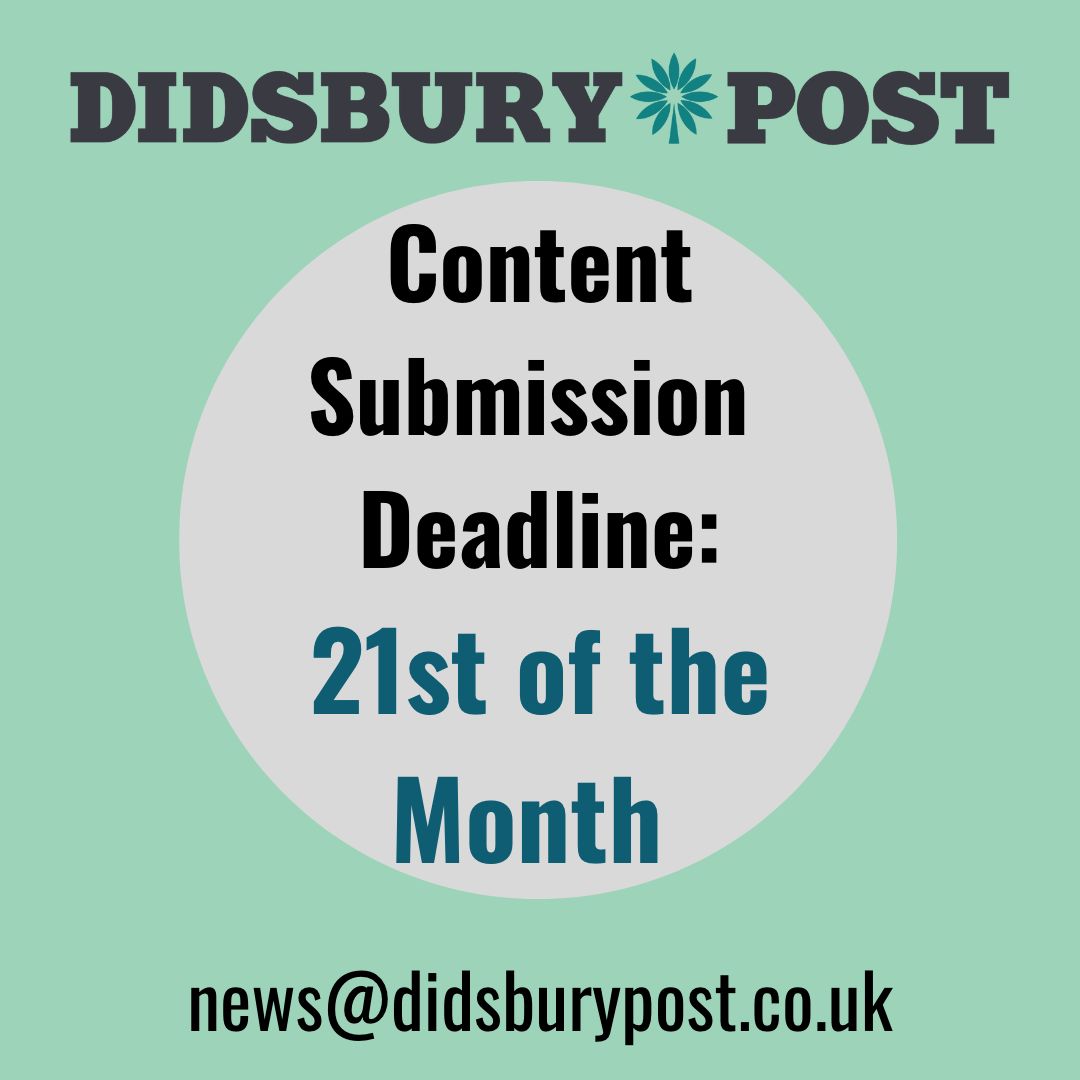 PostNewsMcr's tweet photo. Content Deadline for the next issue of Didsbury Post.

Deadline is always the 21st of each month, with each issue published on the third Thursday of the following month.

For community content or business advertising, email: news@didsburypost.co.uk https://t.co/mAyBF9R62B