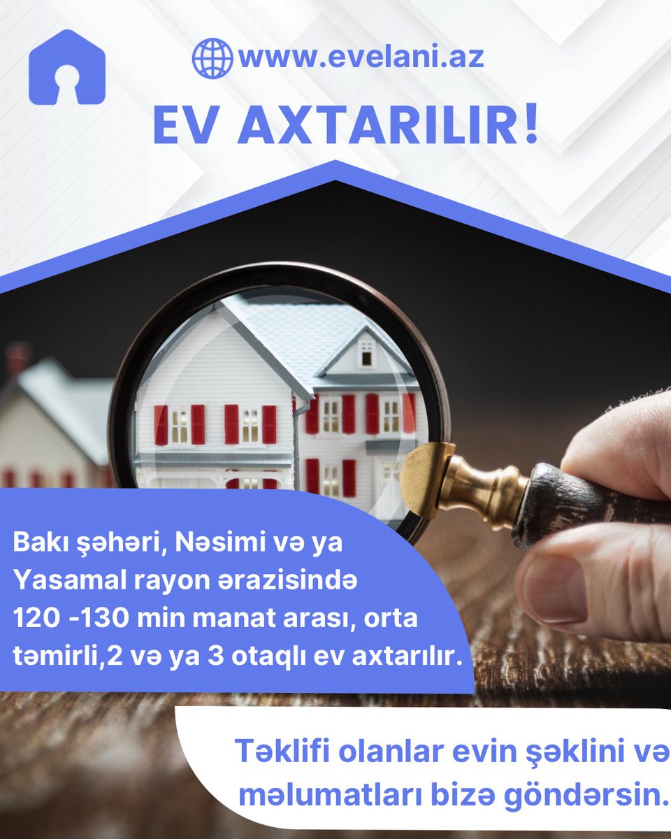 EvelaniAz's tweet photo. Mənzil axtarılır!
📍Bakı,Yasamal və ya Nəsimi rayonu ərazisi
✅Orta təmirli
✅2 və ya 3 otaqlı
✅120.000-130.000 manat arası
🛑Təklifi olanlar evin şəkilini və məlumatları bizə yönləndirsin zəhmət olmasa. 
#evler #menziller #ev #emlak  #baku #keşfet #kirayeevler #evaxtariram https://t.co/CwN8qB1UTa