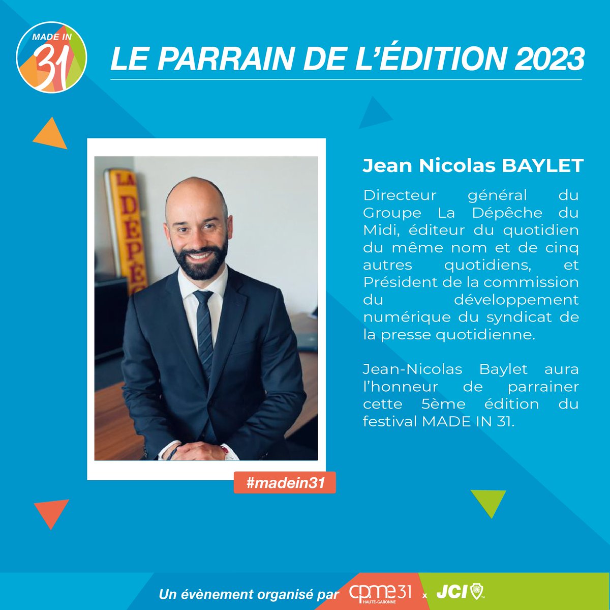 J-4⭐️
<a href="/JNBaylet/">Jean-Nicolas Baylet</a> aura l'honneur de parrainer cette 5ème édition du festival #madein31 sur le savoir-faire entrepreneurial en Haute-Garonne !🚀 

RDV le 21/09 dès 10h à la @LaCite_eu 
#entrepreneuriat #HauteGaronne #Toulouse #tpme #pme #tpe <a href="/Occitanie/">Région Occitanie</a> <a href="/JCEToulouse/">JCE Toulouse</a> <a href="/ladepechedumidi/">La Dépêche du Midi</a>