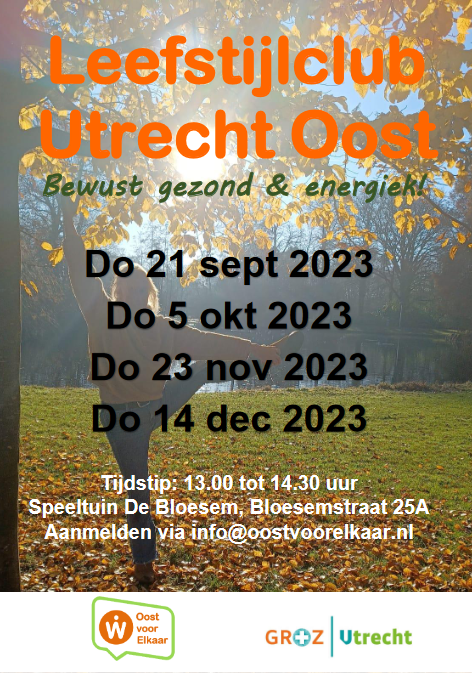 Wil je gezonder &amp; actiever leven? Kom dan donderdag naar de gezellige Leefstijlclub Utrecht Oost. Met gastspreker Pelle Laken, fysiotherapeut/valpreventie in de wijk. In Speeltuin De Bloesem, van 13.00 tot 14.30 uur. Bloesemstraat 25A. Aanmelden mag, hoeft niet. Graag tot dan!