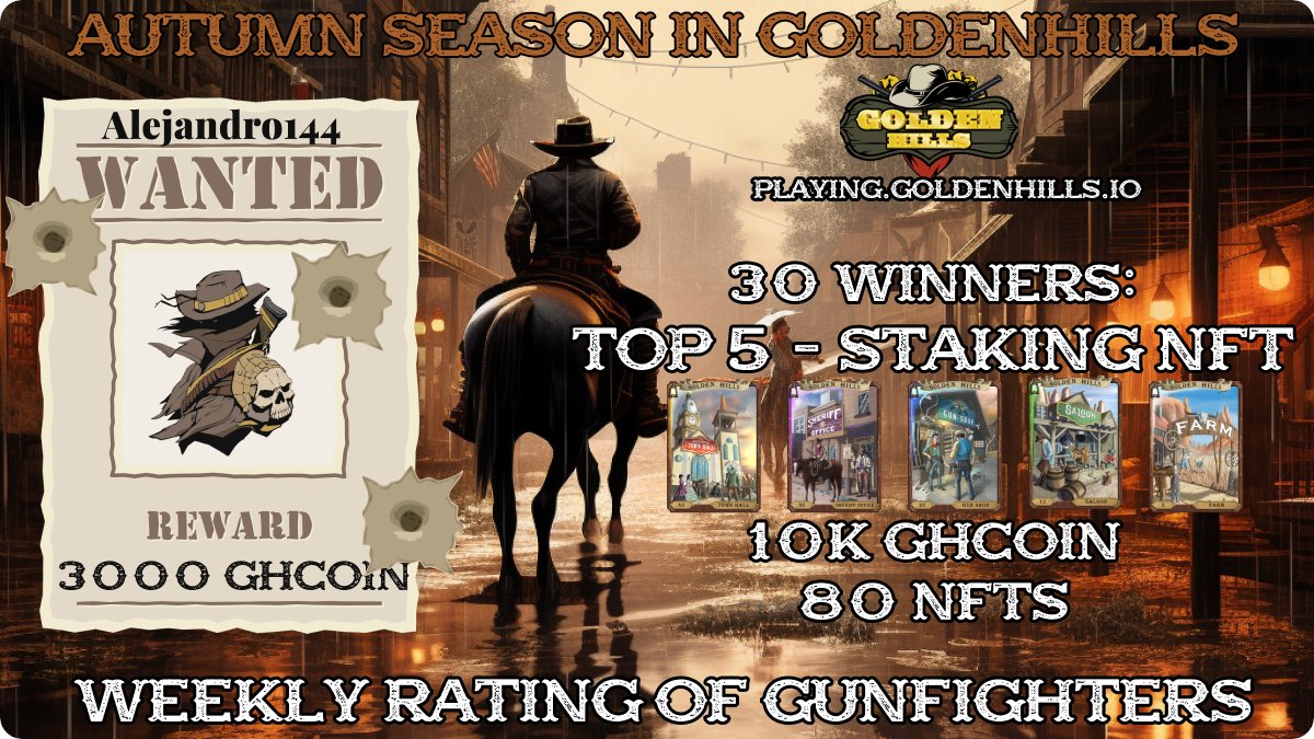 📢 NEW WEEK of  #GOLDENHILLS LEADERBOARD Battles has Begun⚔️

⚡️30 Winners and more then 80 #NFTs + 10k #GHCoin + Most Wanted prize

🎁Main prizes: Staking NFTs

Join- playing.goldenhills.io and participate in Rating Battles⚔️

Follow,retweet + wallet &amp; 3 friends=🎁
⌛️End 24 Sep