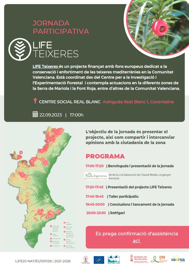 Aquest divendres 22 de setembre col·labore'm a la Jornada Participativa LIFE TEIXERES, serà a Cocentaina a les 17:00 hores al Centre Social Real Blanc de Cocentaina.
Si teniu interès en la conèixer el projecte, inscriviu-vos;
docs.google.com/.../1o0eTjbPhL…