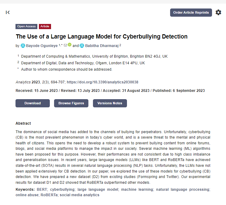 AnalyticsMDPI's tweet photo. #socialmediaanalytics #machinelearning #nlp #cyberbullyingdetection
🔉 We are thrilled to introduce a new paper published in the journal /Analytics/, titled "The Use of a Large Language Model for Cyberbullying Detection":

🔗 https://t.co/tWXFskCypH https://t.co/ryEnDozVh3