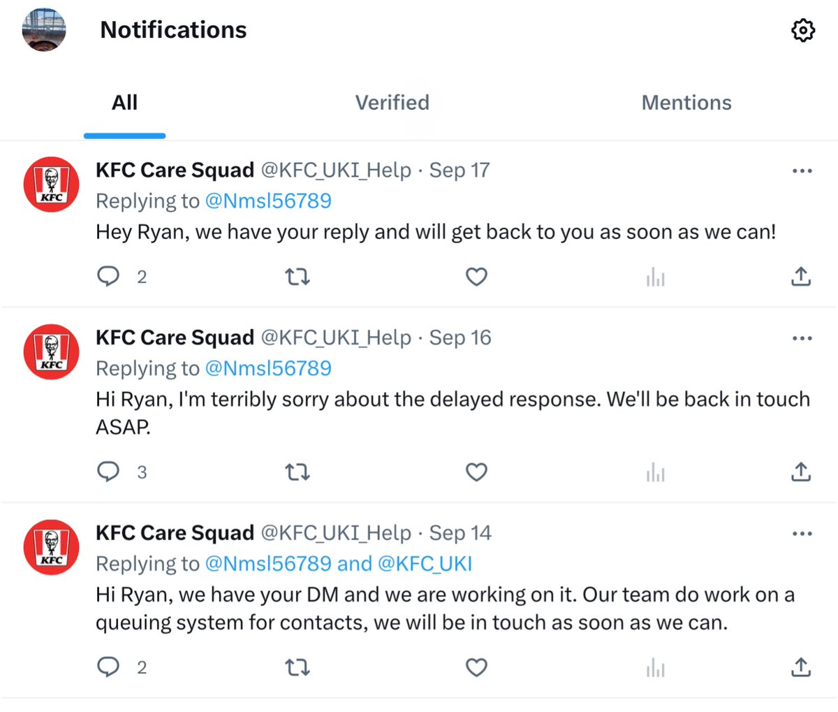 Nmsl56789's tweet photo. @KFC_UKI unbelievable! Your customer care team is just fake ! queue system then I must be in the first I got no respond . https://t.co/TmYkLBNtN8