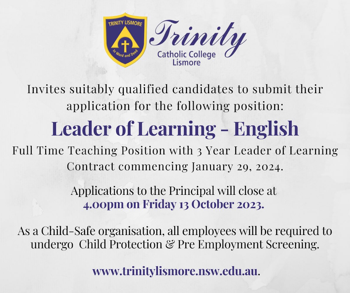 1/2 Applications are now open for two positions at Trinity Catholic College in 2024 - Leader of Learning English + Mathematics Teacher. Details can be found on our website: lnkd.in/gSyhpfBS. #trinitylismore #employmentopportunities #jointhetrinityfamily