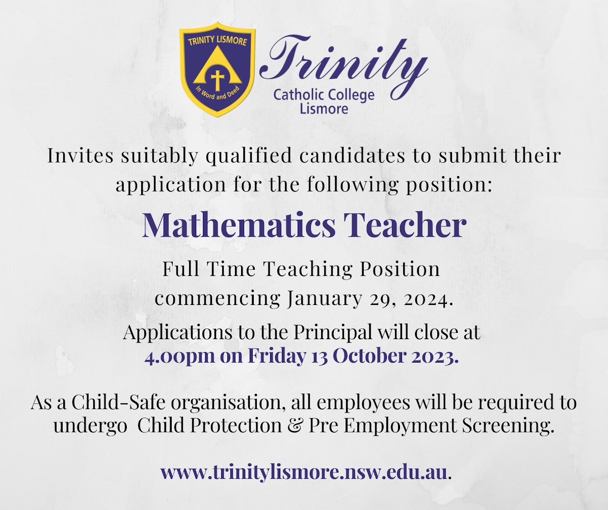 2/2 Applications are now open for two positions at Trinity Catholic College in 2024 - Leader of Learning English + Mathematics Teacher. Details can be found on our website: lnkd.in/gSyhpfBS. #trinitylismore #employmentopportunities #jointhetrinityfamily