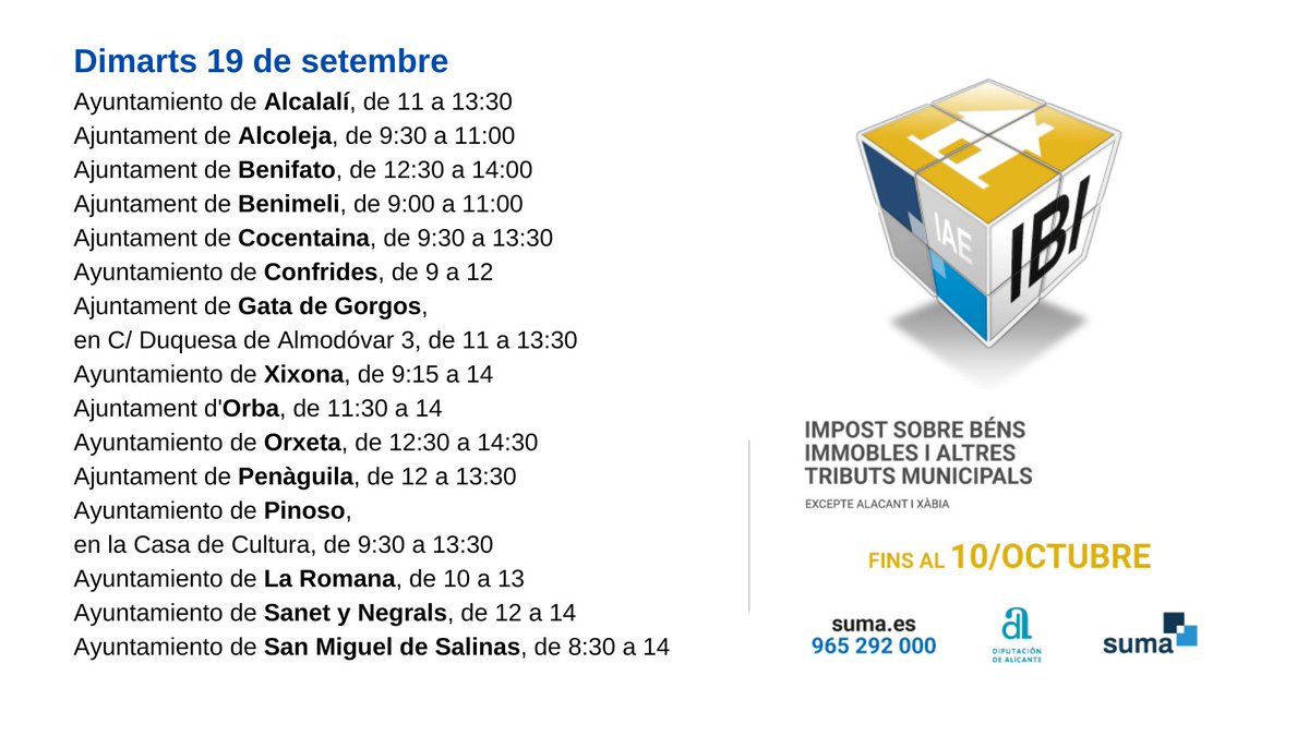 SumaAlicante's tweet photo. 📢 Continuamos reforzando nuestra atención presencial en @aytoalcalali #Alcoleja #Benifato #Benimeli @ACocentaina @confrideslabdet @GataAjuntament #Xixona @ajuntamentorba @ayuntorxeta
☑️ Consulta todas las #itinerancias y si es necesario cita previa en https://t.co/JHZiepB97b https://t.co/GklG5XSMjI
