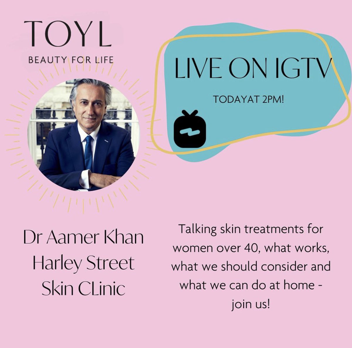 At 2pm today Dr Khan will be talking to Karen Davis - the founder of TOYL (The Time of Our Lives) on IG Live; TIME OF YOUR LIFE - The Midlife Beauty Box (@toyl40) talking about the menopause #menopause #harleystreetskinclinic #draamerkhan