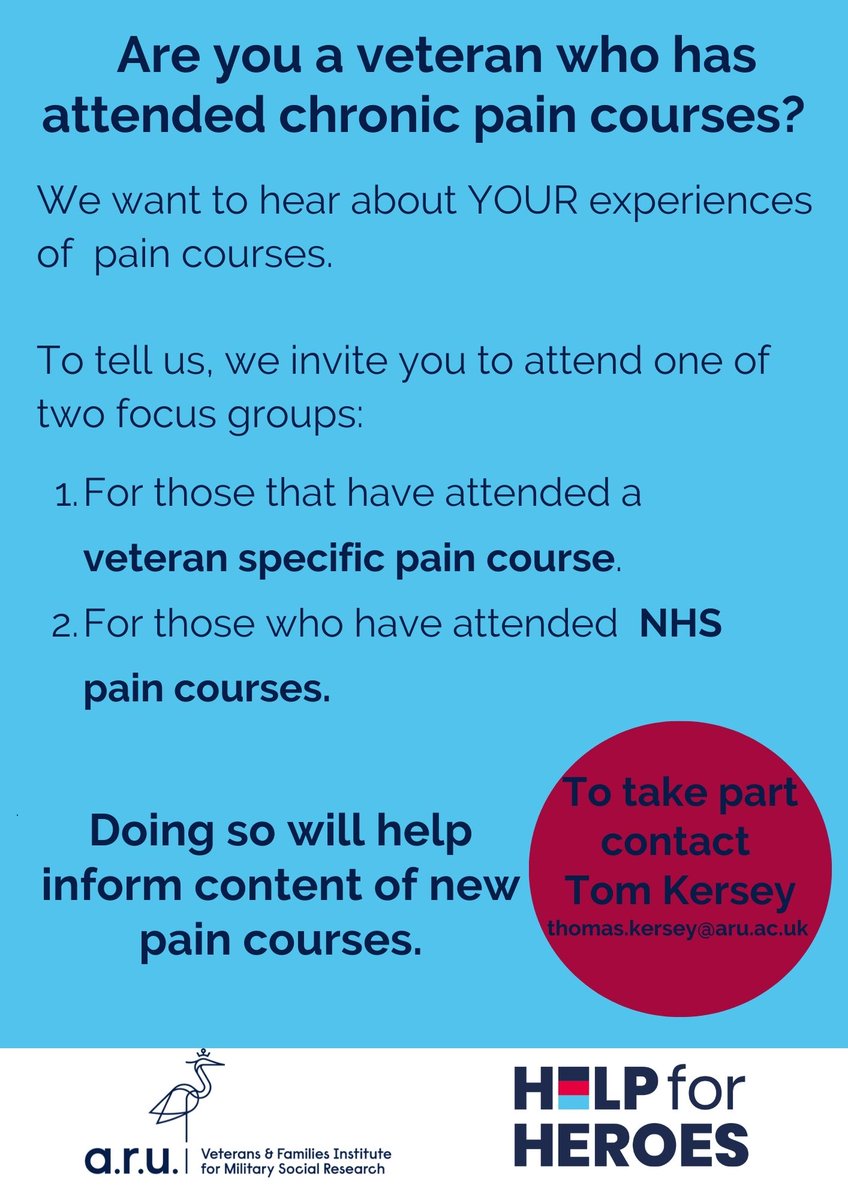 Exciting new research in collaboration with <a href="/HelpforHeroes/">Help for Heroes</a> we want UK veterans with chronic pain to share their experiences of attending pain courses. For more information, send me an email or a message me on here, I look forward to hearing from you <a href="/ARU_VFi/">Anglia Ruskin VFi</a> <a href="/AngliaRuskin/">ARU</a>
