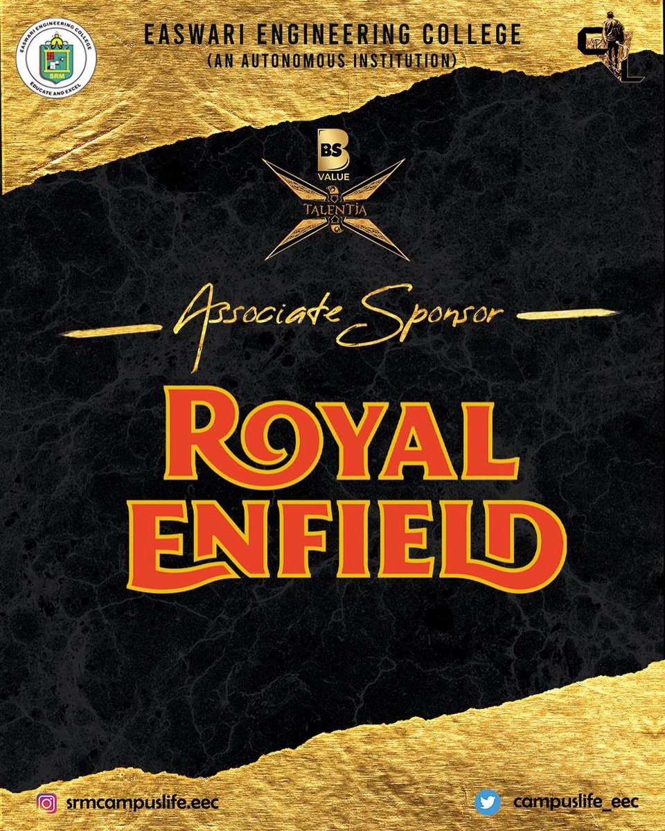 campuslife_eec's tweet photo. Campus Life of SRM EEC is extremely delighted and honoured to announce our esteemed associate sponsor for BS value's Talentia'23 - Royal Enfield
May 11
#campuslife #talentia23 #royalenfield https://t.co/LDrGh9hj3g