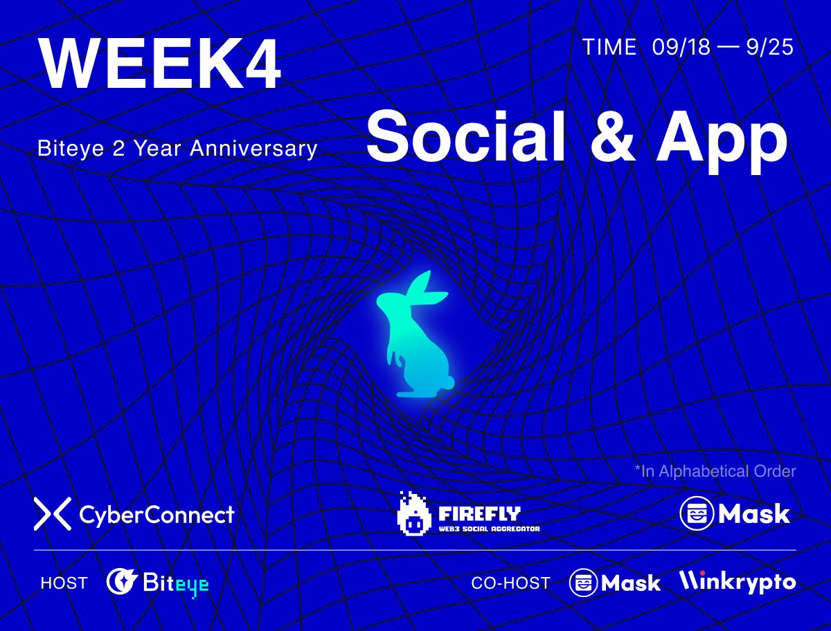 Biteye 2周年Web3嘉年华第四周来啦🚀

本周主题：Web3 Social &amp; Application

本周活动我们邀请了CeFi &amp; DeFi赛道中的各头部项目参与本次嘉年华🔥
分别是：<a href="/CyberConnectHQ/">(Deprecated) CyberConnect</a>，<a href="/thefireflyapp/">Firefly ✨ Everything App</a>，<a href="/realMaskNetwork/">Mask Network (mask.io)</a>

🧵让我们通过以下项目来深入了解Web3 Social &amp; Application目前的发展👇🏻