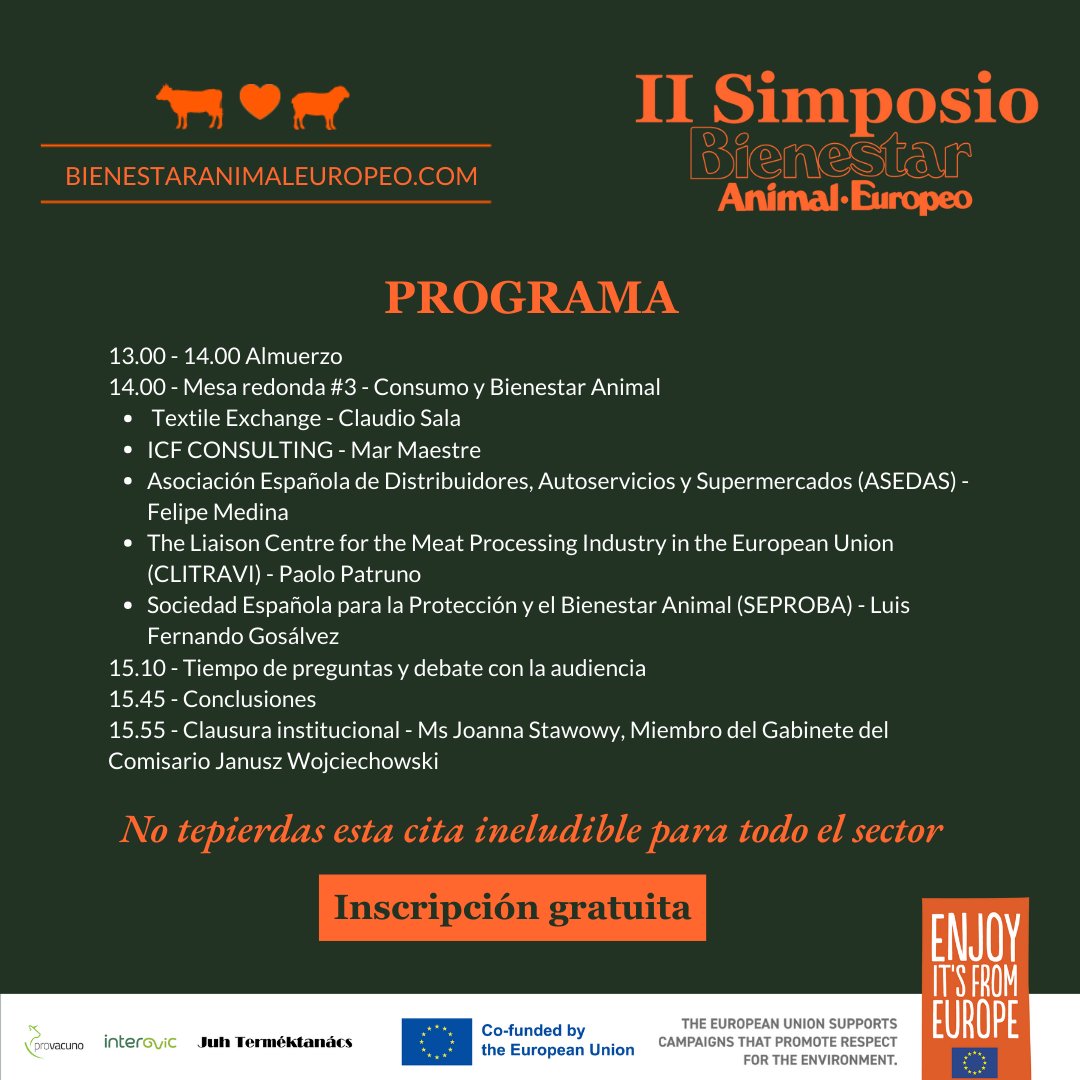 AsajaNacional's tweet image. Aún estás a tiempo de apuntarte al 🇪🇺 II Simposio en #BienestarAnimal Europeo

📆 Este miércoles 20 de sep
📍 Bruselas 
💻 Online con traducción simultánea! 📲

¡Inscríbete! ¡Es gratis! 

bienestaranimaleuropeo.com/simposio/

@BruselasAsaja @Provacuno @Interovic