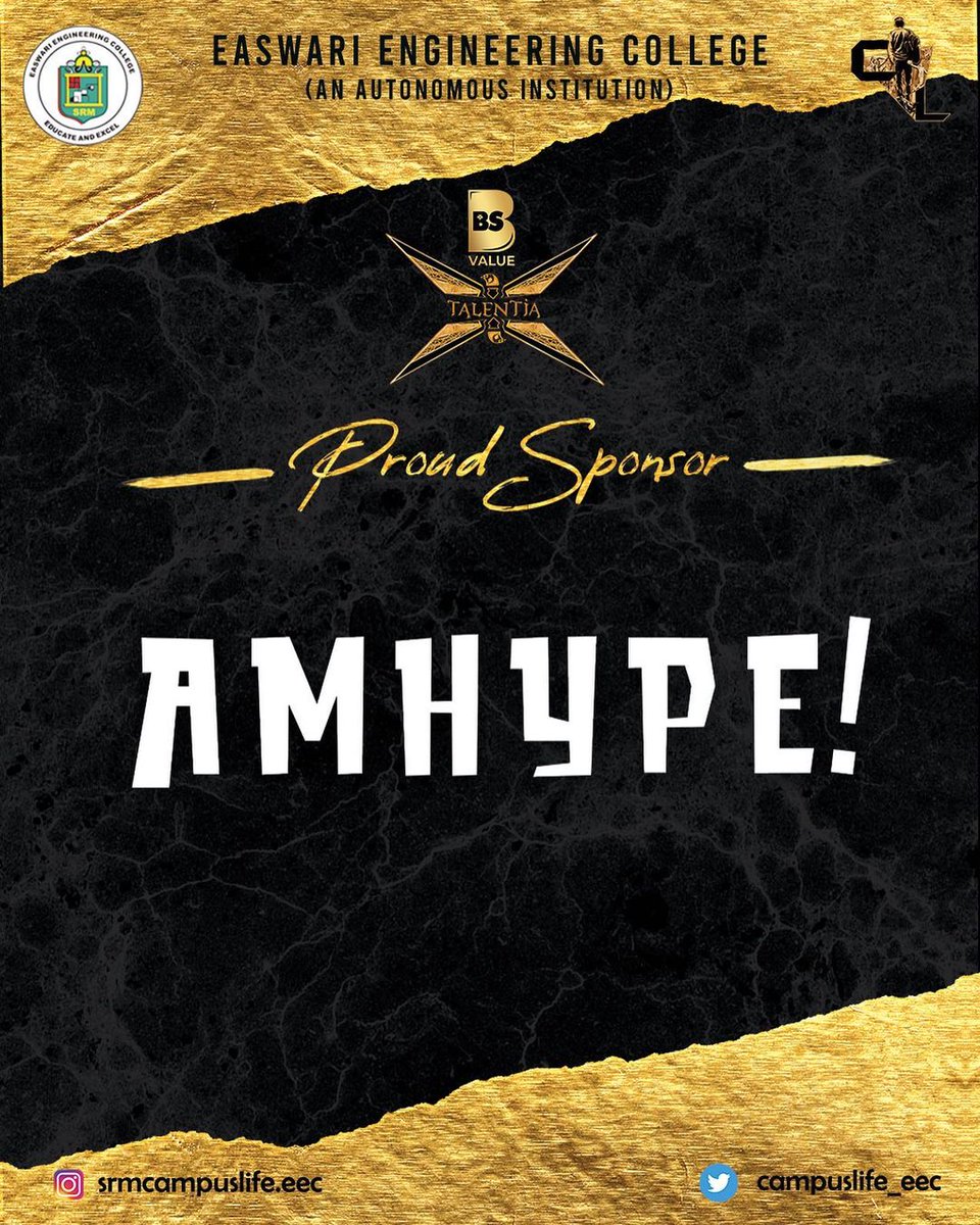 campuslife_eec's tweet photo. Campus Life of SRM EEC is elated to announce our esteemed sponsor, AMHYPE for BS Value's Talentia'23!
#campuslife #talentia23 https://t.co/CM0Brsa1QG