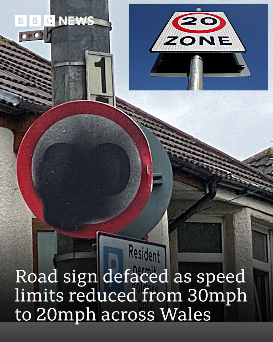 BBCWalesNews's tweet photo. Speed limit signs have been defaced in Cardiff as Wales becomes the first country in the UK to reduce speed limits in built-up areas from 30mph to 20mph

https://t.co/8GNWSp7x2i https://t.co/dl5Hr5Q0qy