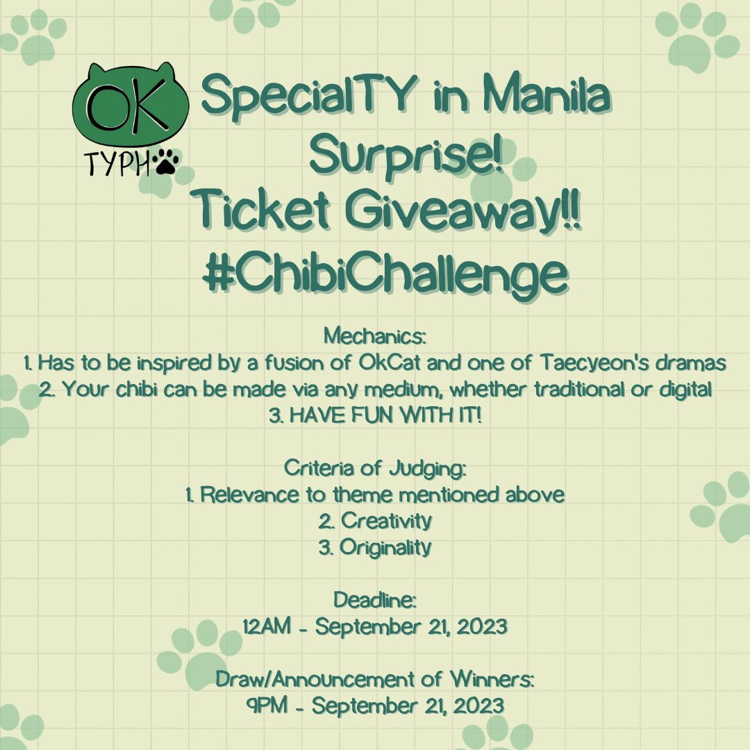 OkTaecyeonPH's tweet photo. 📢 Ticket Giveaway 📢

SpecialTY surprises keep coming! Want to see Taecyeon yourself? We're giving you that chance through a #ChibiChallenge   

See poster for the mechanics 😘 3 Balcony-B Tickets are up for grabs. Good Luck Hottests and Oktizens!!!!

#OKTAECYEONinMNL2023 https://t.co/rWN01vMsPa