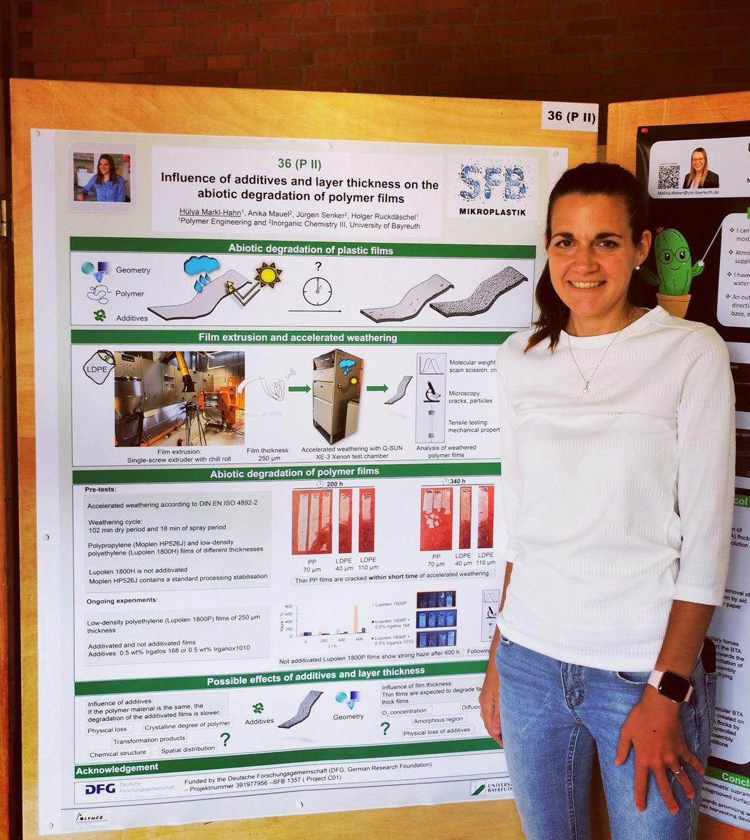 SFB1357's tweet photo. Hülya Markl-Hahn from Holger Ruckdäschel's Group @unibt presents her @SFB1357 work at the Bayreuth Polymer Symposium #BPS23: Influence of #additives and layer thickness on the abiotic degradation of #polymer films P36-PII. #microplastics #BPS2023 https://t.co/evfM38TRPl https://t.co/kIvAZtx4bn