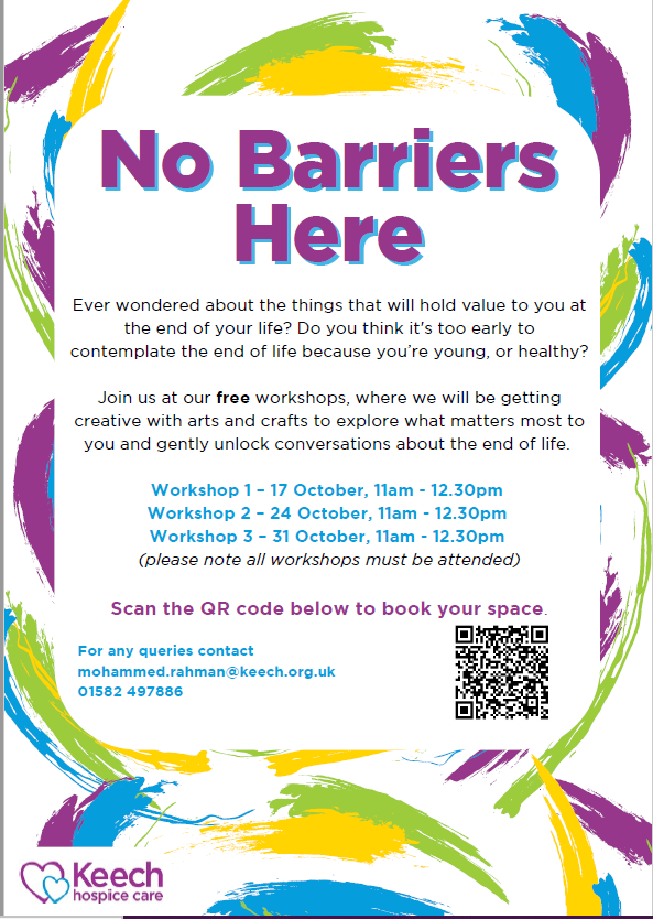 LutonWellWise's tweet photo. This October @KeechHospice will be hosting 3 'No Barriers Here' workshops at Luton Central Library.
Click on this link to book your FREE space today!
https://t.co/XjXKBTW8mE
@LutonLibraries
#Luton #Keech #Workshop #Bedfordshire https://t.co/kYDY9D8wJ3