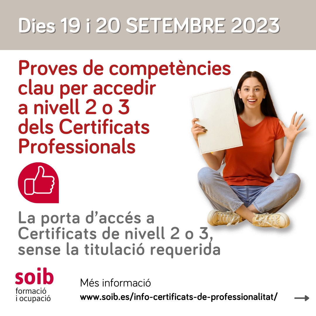 SOIBgoib's tweet photo. 📣Vols accedir a un certificat de professionalitat de nivell 2 o de nivell 3 però no tens la titulació requerida⁉️
✍️Apunta't a les PROVES DE COMPETÈNCIES CLAU ‼️
🚨Pròximes dates: 19 i 20 setembre 2023
ℹ️ Més informació a https://t.co/iPcwTUMml3
#FormacioSOIB https://t.co/a4bG0HQaYJ