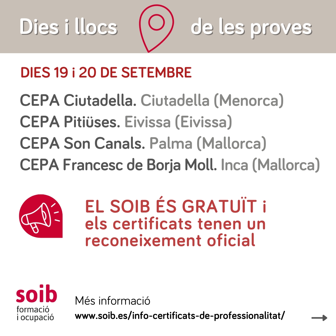 SOIBgoib's tweet photo. 📣Vols accedir a un certificat de professionalitat de nivell 2 o de nivell 3 però no tens la titulació requerida⁉️
✍️Apunta't a les PROVES DE COMPETÈNCIES CLAU ‼️
🚨Pròximes dates: 19 i 20 setembre 2023
ℹ️ Més informació a https://t.co/iPcwTUMml3
#FormacioSOIB https://t.co/a4bG0HQaYJ