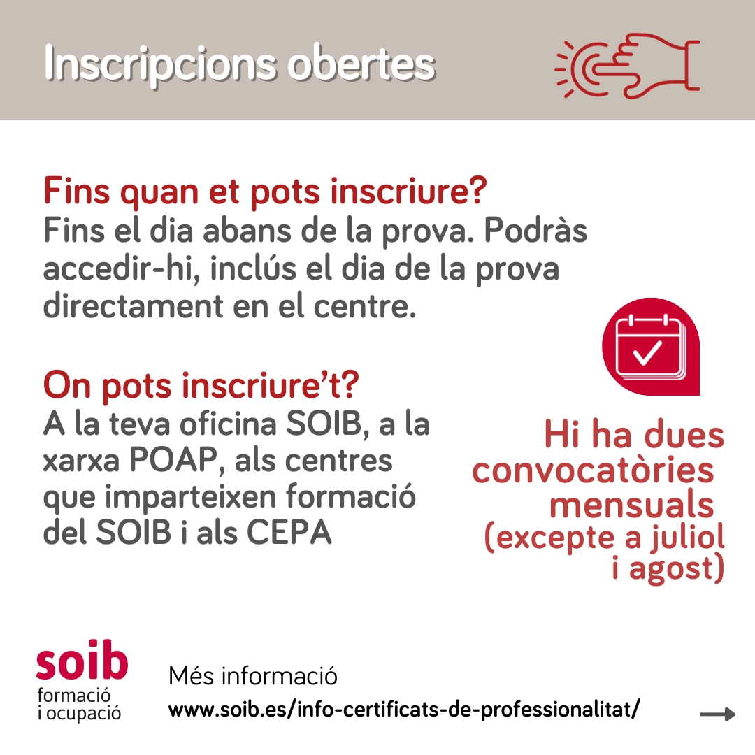 SOIBgoib's tweet photo. 📣Vols accedir a un certificat de professionalitat de nivell 2 o de nivell 3 però no tens la titulació requerida⁉️
✍️Apunta't a les PROVES DE COMPETÈNCIES CLAU ‼️
🚨Pròximes dates: 19 i 20 setembre 2023
ℹ️ Més informació a https://t.co/iPcwTUMml3
#FormacioSOIB https://t.co/a4bG0HQaYJ
