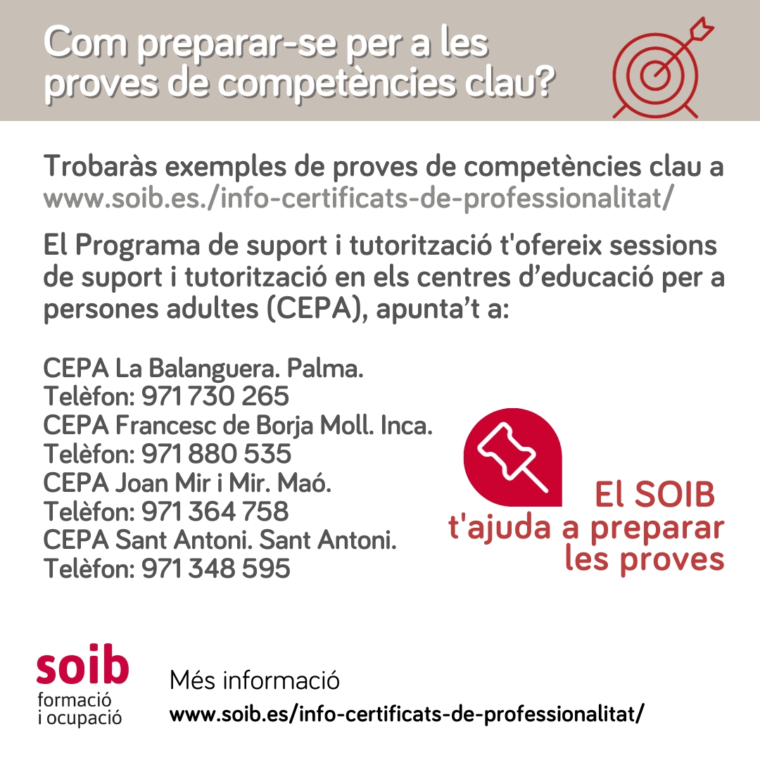 SOIBgoib's tweet photo. 📣Vols accedir a un certificat de professionalitat de nivell 2 o de nivell 3 però no tens la titulació requerida⁉️
✍️Apunta't a les PROVES DE COMPETÈNCIES CLAU ‼️
🚨Pròximes dates: 19 i 20 setembre 2023
ℹ️ Més informació a https://t.co/iPcwTUMml3
#FormacioSOIB https://t.co/a4bG0HQaYJ