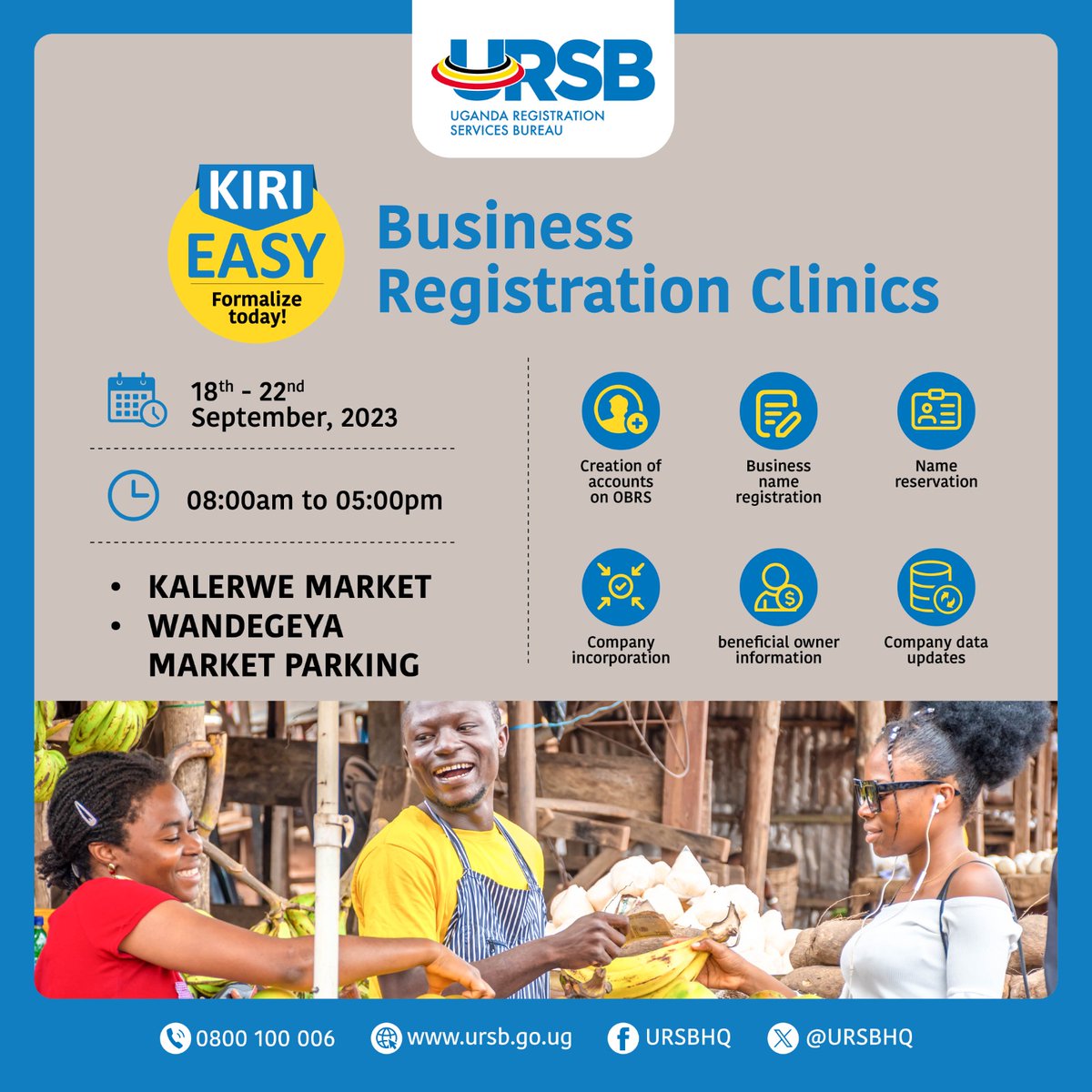 Don't miss our Business Registration Clinics. ☔🌞

Find us at Wadengeya Market Parking & Kalerwe Market.
We offer on-the-spot assistance for OBRS account creation, name reservation, company incorporation, and more. 
#BusinessRegistrationUG