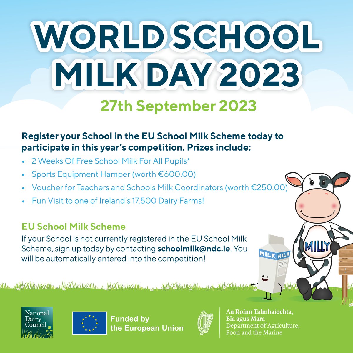 Enter this year's #WorldSchoolMilkDay Competition to win amazing prizes for your school! 🥛🏐✏️📚 

Register your school in the EU #SchoolMilk Scheme by 📩 e-mailing schoolmilk@ndc.ie or fill out the inquiry form at 👉 moocrew.ie/school-milk-sc…

#IrishDairy #WSMD #SchoolMilkScheme