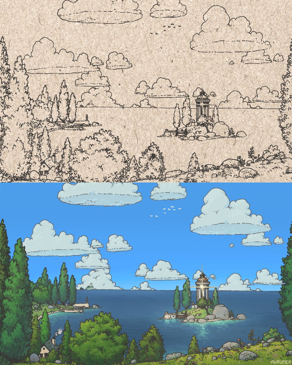 Lineart vs finished artwork of "Sea Stone Bay"