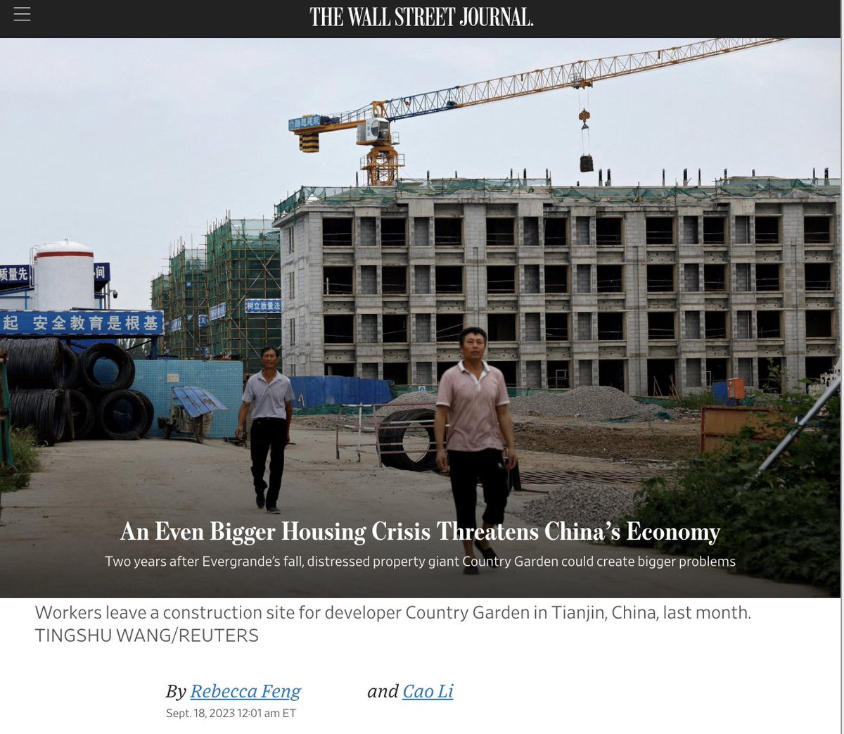 An Even Bigger Housing Crisis Threatens China’s Economy

🗑️🔥 Now China’s largest privately run property developer, #CountryGarden, is struggling to survive. Unlike #Evergrande, which was brought down by its profligate habits, Country Garden’s troubles come from the retreat of