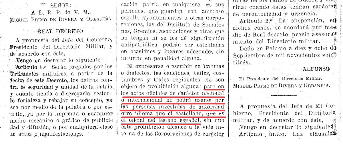 Avui fa un segle, la dictadura militar espanyola de Primo de Rivera aprovava un Reial Decret contra el catalanisme, en el qual es prohibia explícitament, entre altres coses, l’ús de la llengua catalana per part de tota autoritat. 

L’article primer advertia que “seran jutjats