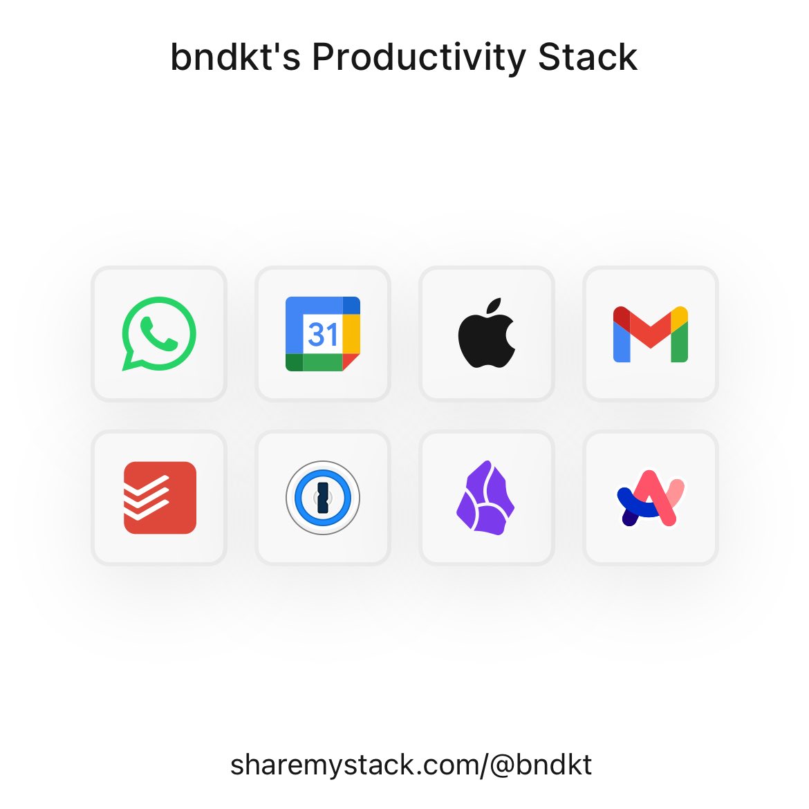 bndkt's tweet photo. This is my current productivity stack. What’s yours? #productivity #pkm #obsidian #todoist #gtd https://t.co/uaVSlYpT7d