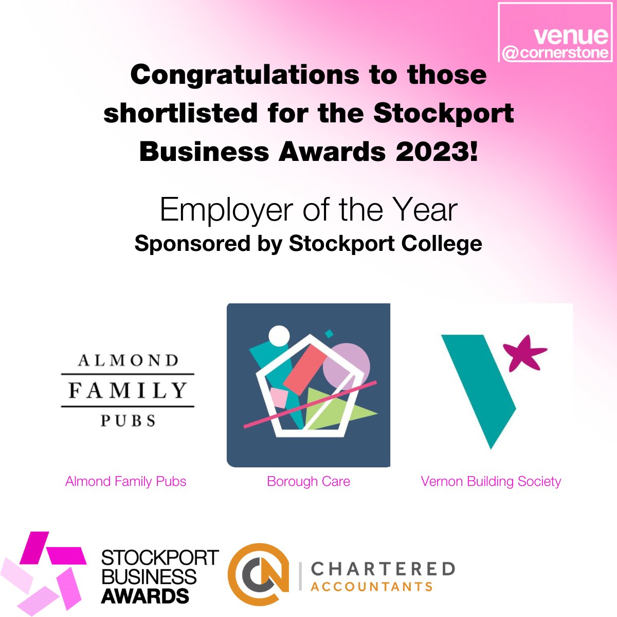 Venue at Cornerstone (@cornerstoneshg) on Twitter photo We're down to the last few categories now for the #StockportBusinessAwards.
Congratulations Almond Family Pubs, <a href="/BoroughCareLtd/">Borough Care</a> and <a href="/VernonStockport/">Vernon Building Society</a> for their shortlist in the Employer of the Year category, sponsored by <a href="/stock_college/">Stockport College</a>
#CelebrateStockport We're down to the last few categories now for the #StockportBusinessAwards.
Congratulations Almond Family Pubs, <a href="/BoroughCareLtd/">Borough Care</a> and <a href="/VernonStockport/">Vernon Building Society</a> for their shortlist in the Employer of the Year category, sponsored by <a href="/stock_college/">Stockport College</a>
#CelebrateStockport