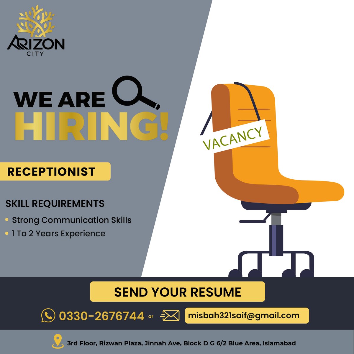 ArizonCity's tweet photo. 🌟 A job alert is available! A Receptionist is needed at our Arizon City, Islamabad, Head Office. 🌆

Are you friendly, organized, and customer-oriented? Please let us know if you are interested!

#jobopening  #receptionist #hiring  #jobopportunity  #ArizonCityJobs #Islamabad https://t.co/BxhTmZkzkv