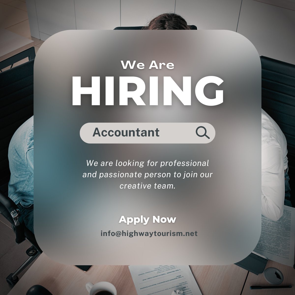 Looking for a job? Join our team!
 Highway Travel &amp; Tourism is looking for qualified applicants for the following position:
• Accountant
Applications must be submitted through the Email 𝗶𝗻𝗳𝗼@𝗵𝗶𝗴𝗵𝘄𝗮𝘆𝘁𝗼𝘂𝗿𝗶𝘀𝗺.𝗻𝗲𝘁
#highway #tourism