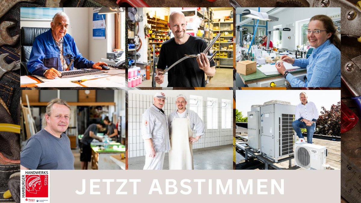 HWK_Hamburg's tweet photo. Das Voting für den Hamburger Handwerkspreis ist ab jetzt geöffnet! Gemeinsam mit @HaspaNews küren wir den beliebtesten Handwerker oder die beliebteste Handwerkerin Hamburgs! Außerdem kann für den Handwerksbetrieb des Jahres abgestimmt werden ➡️  https://t.co/GwHUYpzOxW https://t.co/rwkNR0ifXe