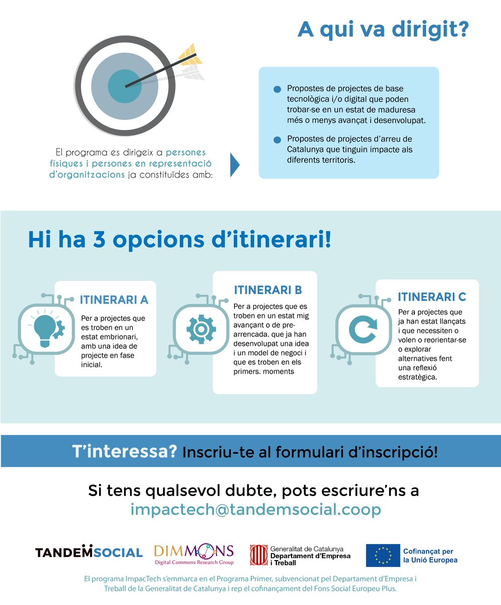 TandemSocial's tweet photo. ➡️ Tens un projecte tecnològic o digital que necessita una empenta o una reflexió estratègica?

Al #ProgramaImpacTech tenim un itinerari ideal per a tu!

🟢 El #ProgramaImpacTech amplia termini d'inscripcions fins el 22 de setembre! 📅

Inscriu-te! 👇
https://t.co/MiFiD5VyUZ https://t.co/P1QI22tCyC
