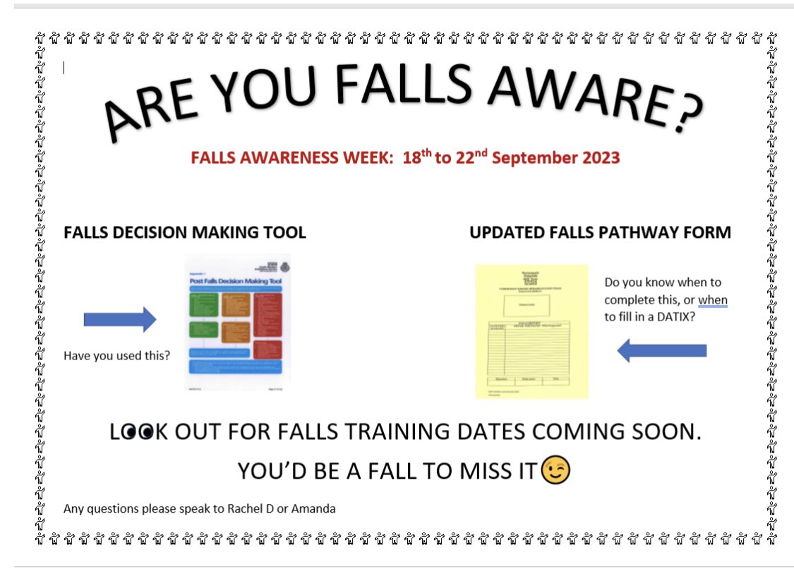 Falls awareness week @proudtobePHU amazing start with a falls wall on B4 all about assessment and a new CSRT poster to share new documentation well done teams #Thinkfalls #ActionOnFalls