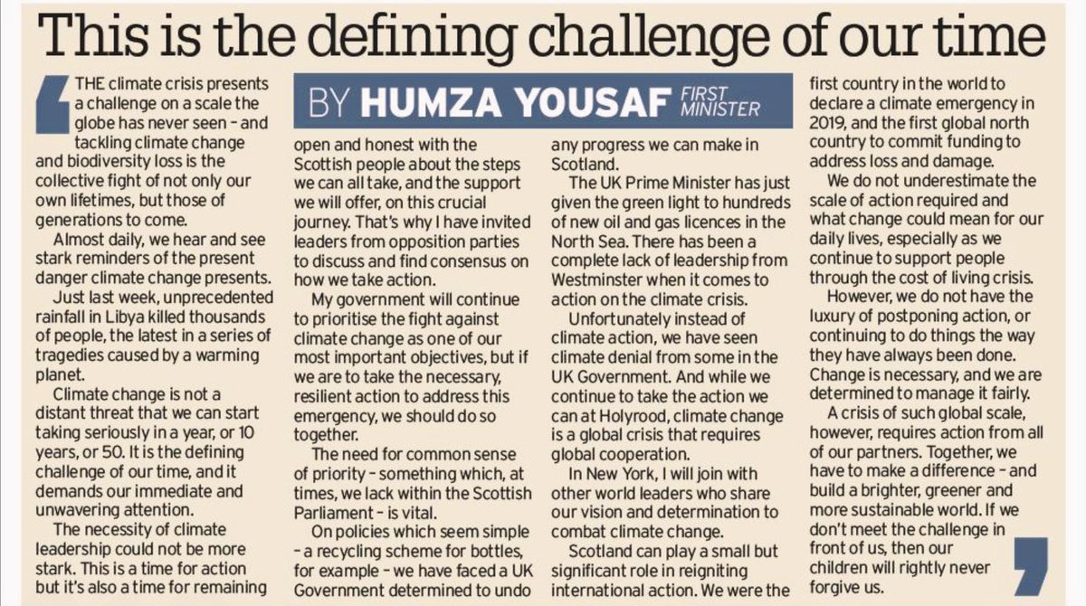 🌍 Writing in <a href="/Daily_Record/">The Daily Record</a>, <a href="/HumzaYousaf/">Humza Yousaf</a> says the Climate Crisis “the defining challenge of our time”

“We do not have the luxury of postponing action, or continuing to do things the way they have always been done. Change is necessary, and we are determined to manage it fairly.”