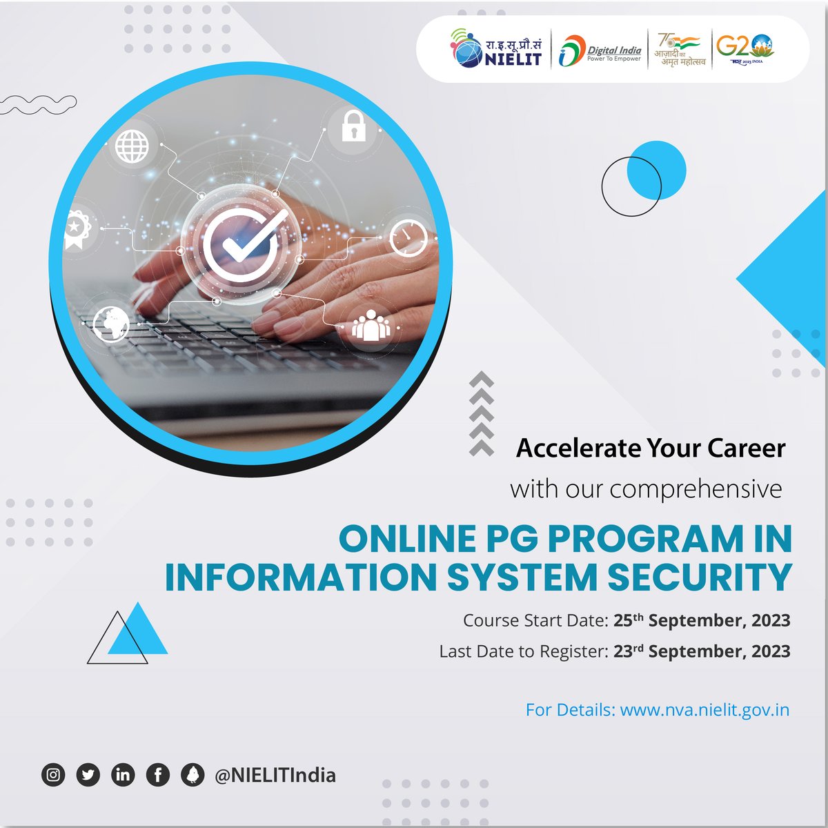 NIELITIndia's tweet image. Ready to supercharge your career in Information #SystemSecurity ? Don't miss out on this opportunity!
Join our Online PG Program in Information System Security and unlock a world of possibilities.
Register Till September 23, 2023.
To Register: nva.nielit.gov.in
#NIELIT