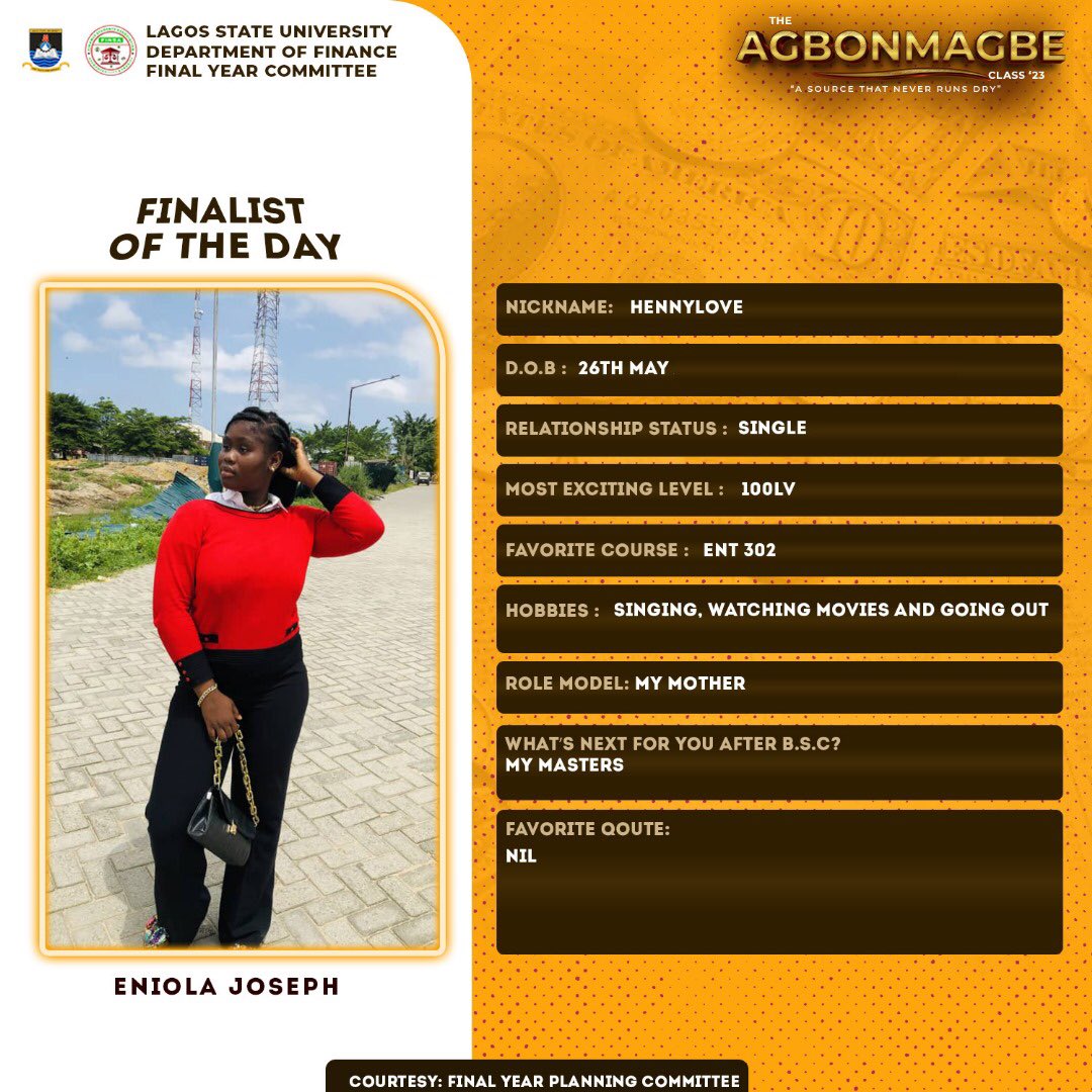 Guys meet <a href="/Calme_Hennylove/">Eniola_Joseph</a> 🤩

As one of the thriving Entrepreneurs in Lasu, her favorite course is Ent302

#Classof2023