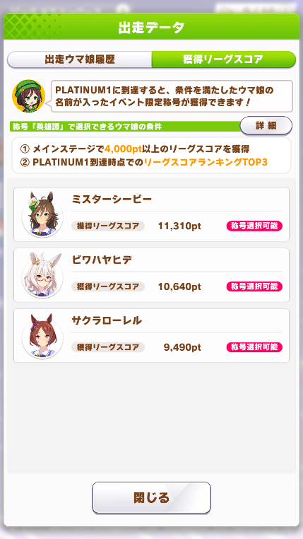 待望だったのになんか淡々と終わってしまった長距離LOH🤔
気合い入れて育成したのがシービーだけだったので妥当な結果です
「内的体験」の強さを再確認できたから良かったです
さてさてローレルの英雄譚が楽しみです🥰
今回は「対戦ありがとうございましたっ！」