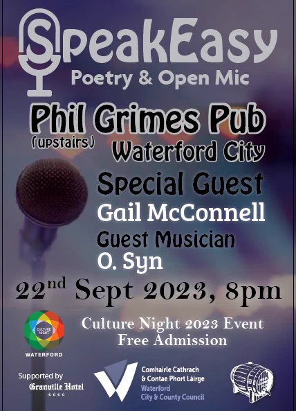 SpeakEasy Waterford Open Mic is back this Friday. Bring along something to read or just come along to listen. Special guest is @Gail_McConnell_ Music by O.Syn. Hope to see you there