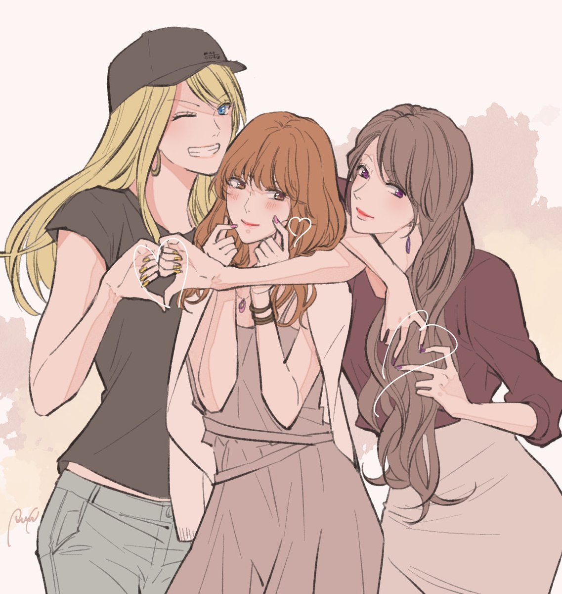 multiple girls 3girls brown hair blonde hair hat jewelry smile  illustration images