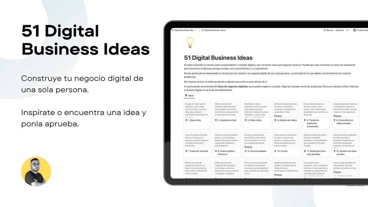 Si eres emprendedor o creador.

Y quieres construir tu negocio digital.

He creado 51 Business Ideas.
Es un listado con ideas de negocios digitales para una sola persona.

Para obtenerla GRATIS:

- Sígueme (para enviarte el enlace)
- Retweet.
- Responde "👍"

[debes seguirme]
