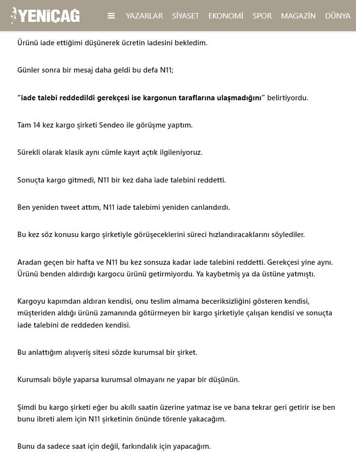 #altın #halkaarz #dolar
Girişimciler size ders niteliğinde bir olaydan söz etmek istiyorum. 
Yeniçağ ekonomi yazarı Remzi Özdemir'in N11.com'da alışveriş deneyimi.

Türkiye’de E-ticaret ve N11 rezaleti! 

Yazınının tamamını okumak için yenicaggazetesi.com.tr/turkiyede-e-ti…