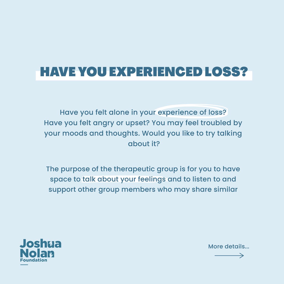 TheJNF's tweet image. 📣 Group Therapy for MEN

We are now offering FREE group therapy sessions from October to February on loss and grief for men!

👉 To register your interest please contact Mia: miazielinska@joshuanolanfoundation.org

#freetherapy #therapyformen #mensmentalhealth