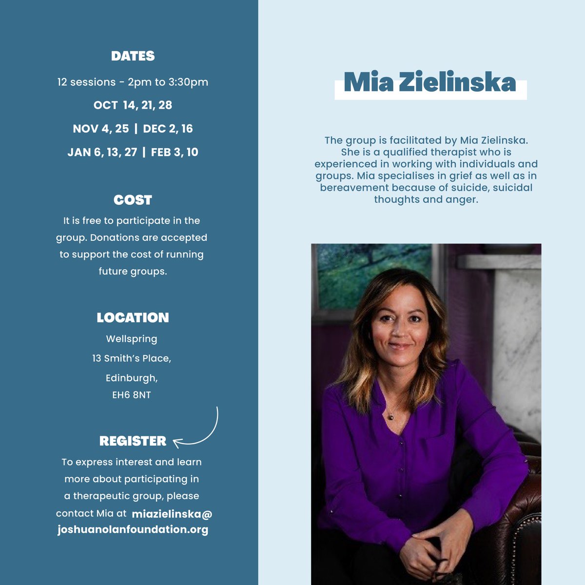 TheJNF's tweet image. 📣 Group Therapy for MEN

We are now offering FREE group therapy sessions from October to February on loss and grief for men!

👉 To register your interest please contact Mia: miazielinska@joshuanolanfoundation.org

#freetherapy #therapyformen #mensmentalhealth